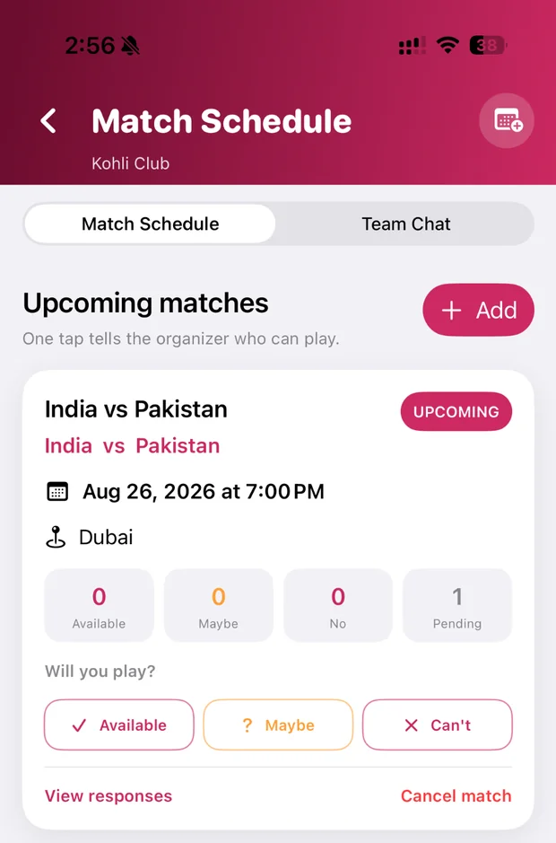 Cric Scorer Pro match schedule screen